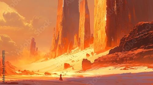 Desert wanderer at sunset, tall orange rock formations, sandy landscape, artwork for fantasy game