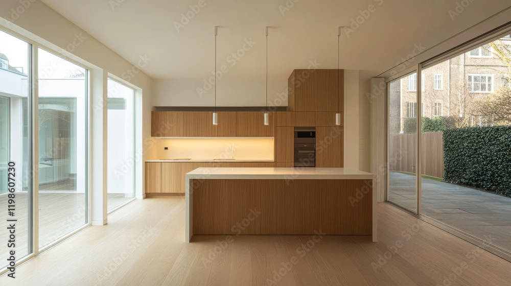 Modern kitchen design with open layout and large windows in a contemporary home Modern kitchen design with open layout and large windows in a contemporary home