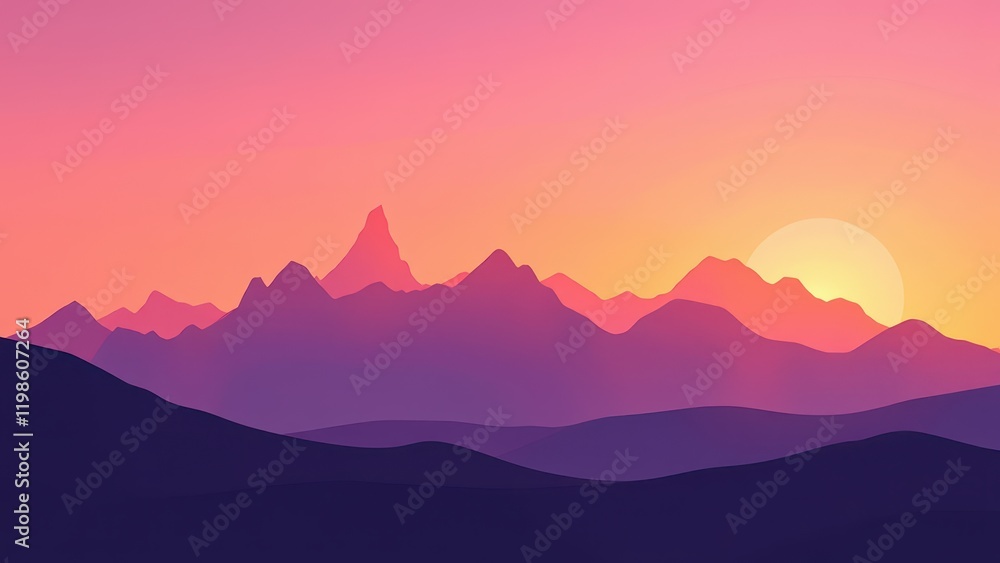 Fototapeta premium A captivating silhouette of a majestic mountain range stands central, set against a stunning backdrop of pink and orange gradients at dusk, creating an ethereal and tranquil scene