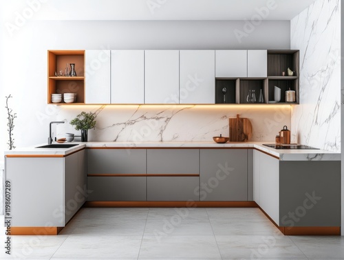 Modern L Shaped Kitchen Design With Marble Backsplash