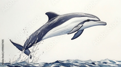 A Watercolor Painting of a Dusky Dolphin Leaping from the Ocean.