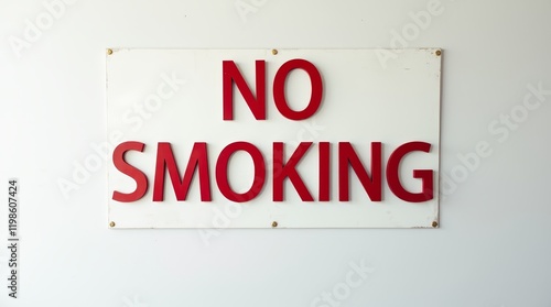 No smoking sign with bold red letters on a white board attached to a wall. Prohibition and health safety notice photo