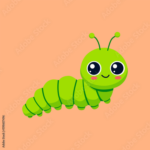 Cute cartoon green caterpillar on peach background.
