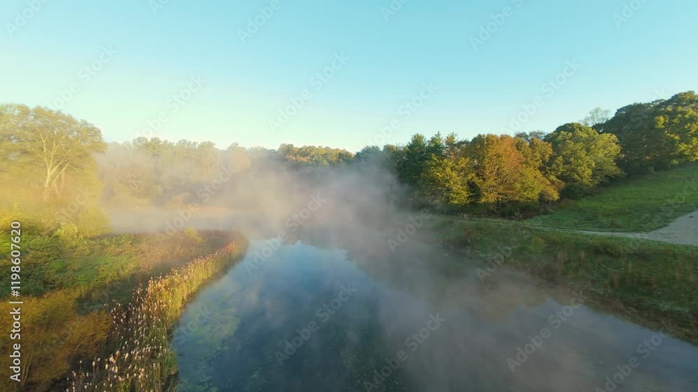 Aerial view of misty pond surrounded by autumn-colored trees in Johnson City, Tennessee, captured at sunrise, evoking tranquility natural beauty. Misty Pond Forest Landscape in Johnson City, Tennessee Aerial view of misty pond surrounded by autumn-colored trees in Johnson City, Tennessee, captured at sunrise, evoking tranquility natural beauty. Misty Pond Forest Landscape in Johnson City, Tennessee