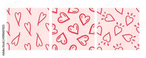 Seamless pattern with red hand-drawn hearts on pink background