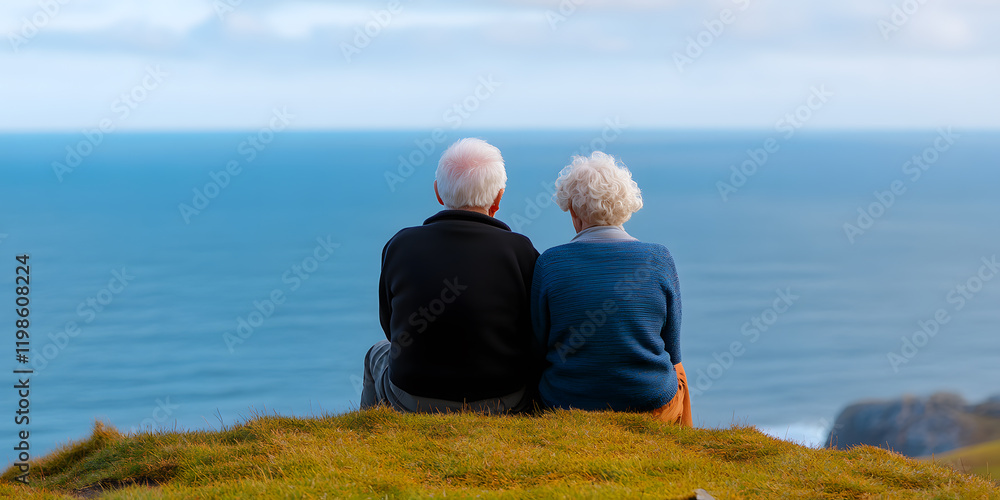 Fototapeta premium Elderly couple enjoying a scenic ocean view from a grassy clifftop. A peaceful moment of togetherness.