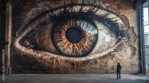 Giant eye mural, urban decay, person observing, industrial building, stock photo photo