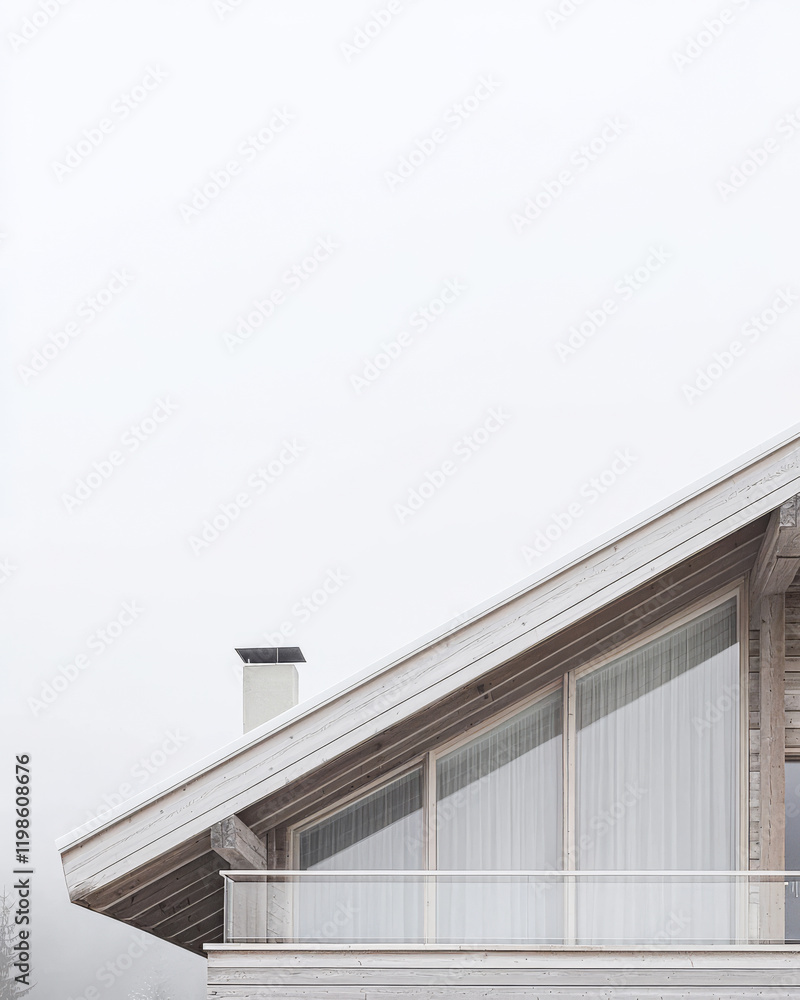 Modern wooden house with sloping roof under a cloudy sky in serene surroundings