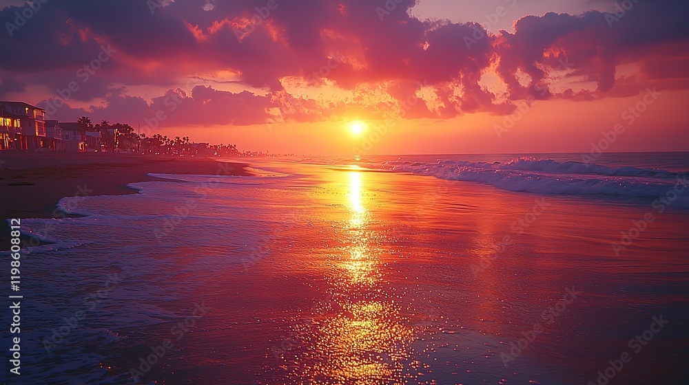 Obraz premium A serene sunset over a beach, reflecting vibrant colors on the water's surface.