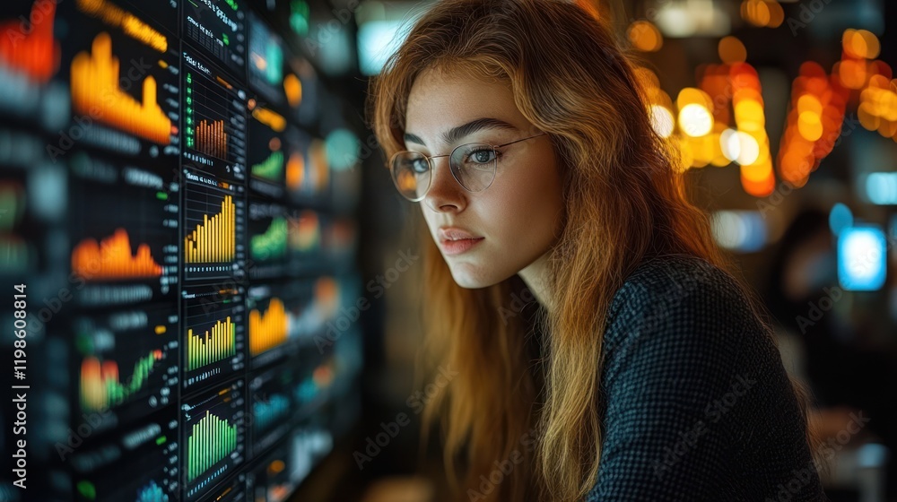 Woman analyzing data on screen, night office, charts Woman analyzing data on screen, night office, charts