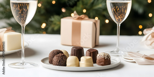 Elegant assortment of chocolates presented on a plate, accompanied by wine glasses and festive gift boxes. Perfect for a celebratory occasion. photo