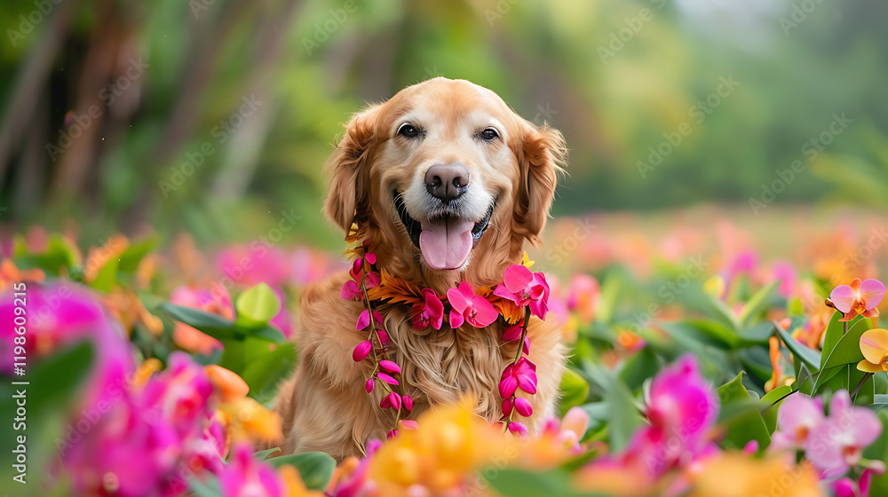 A happy golden retriever in a meadow of flora wearing an orchid necklace A happy golden retriever in a meadow of flora wearing an orchid necklace