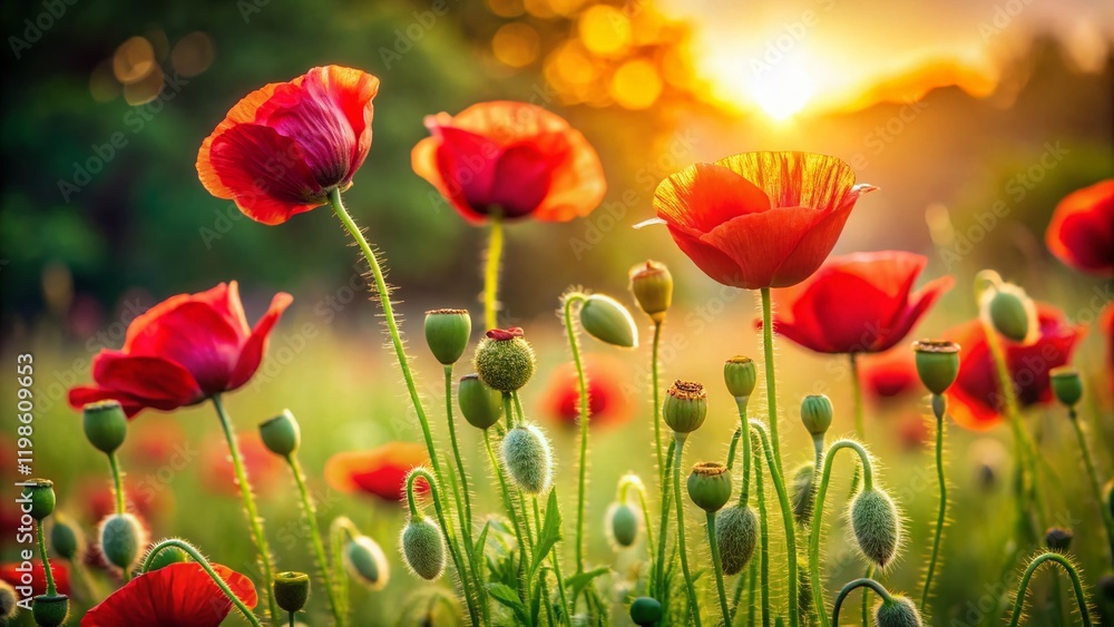 Fototapeta premium Low Light Red Poppies in Lush Green Garden - Countryside Flowers