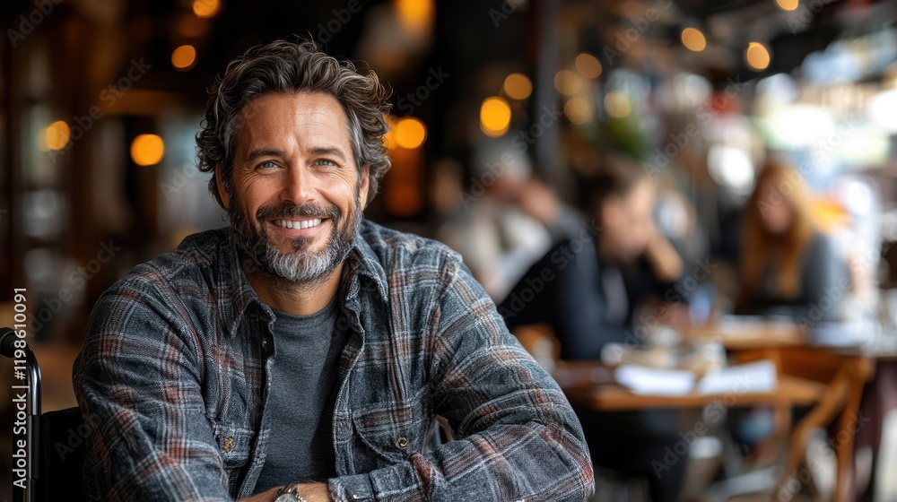 Smiling man cafe portrait, city background, happy Smiling man cafe portrait, city background, happy