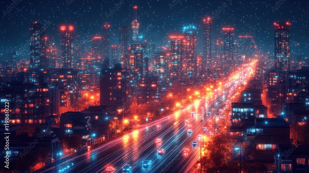 Fototapeta premium Futuristic city highway at night with vibrant neon lights