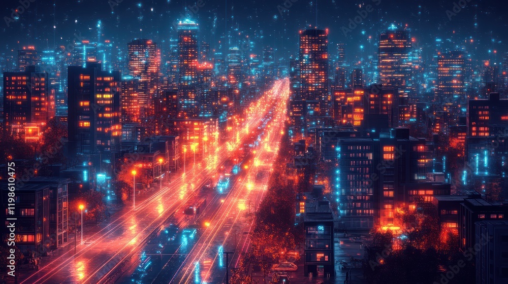 Fototapeta premium Night city highway traffic, futuristic cityscape, data streams, digital marketing