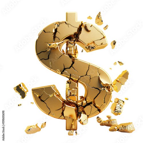 A Stunning Visualization of a Cracked Golden Dollar Sign Surrounded by Fragmented Golden Pieces