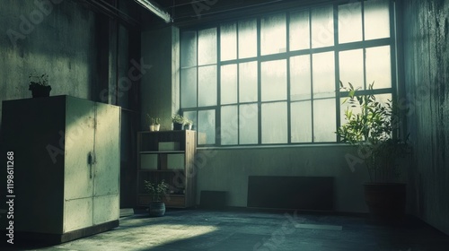 Moody Industrial Interior: Sunlight Through Large Window in a Rustic Room
