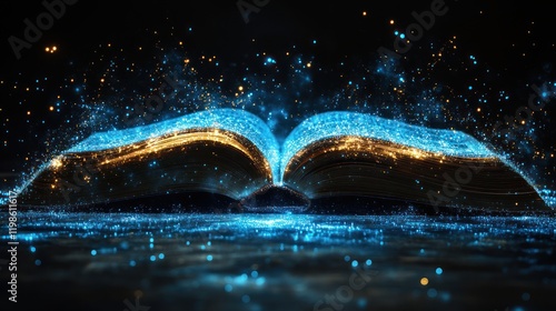 Open book, glowing particles, dark background, knowledge, magic photo