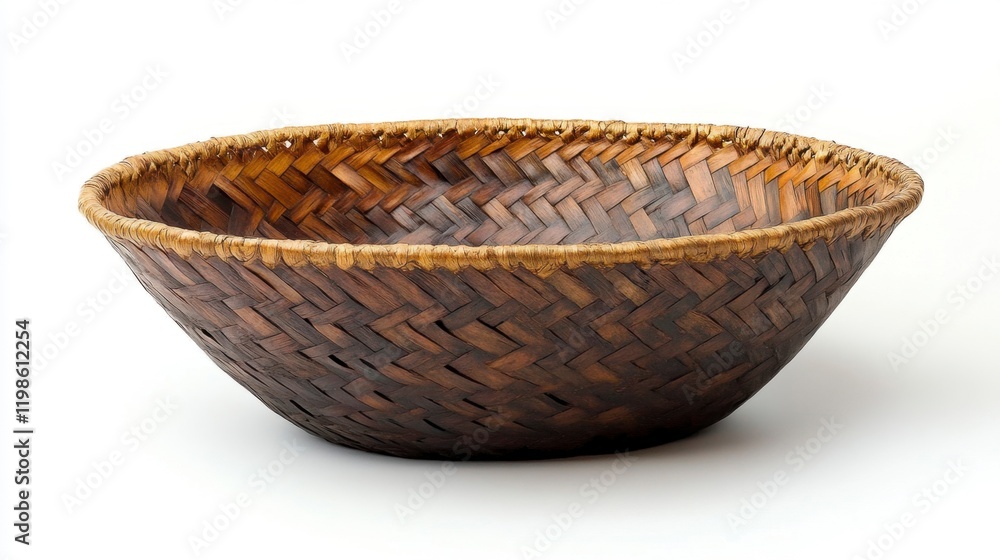Obraz premium Handwoven Dark Brown Bamboo Basket Bowl on White Background