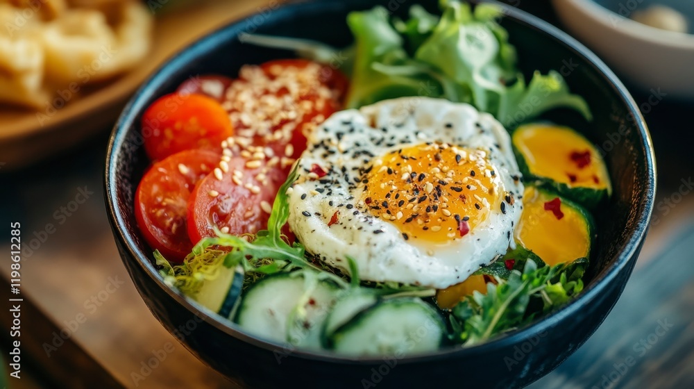 Healthy Breakfast Bowl with Fried Egg, Tomatoes, and Cucumbers Healthy Breakfast Bowl with Fried Egg, Tomatoes, and Cucumbers
