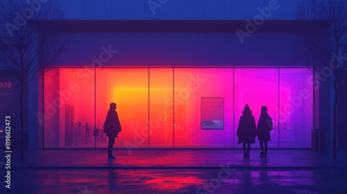 Night, city, storefront, people, vibrant colors, urban scene, illuminated display photo