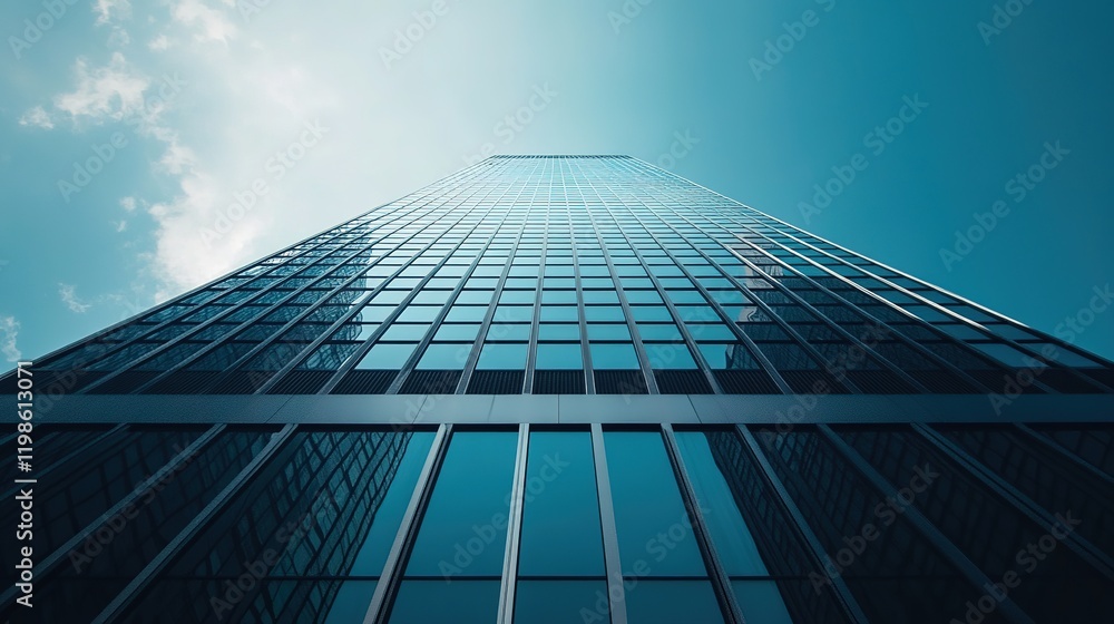 Fototapeta premium Bold company branding on entrance sign of a modern skyscraper urban environment gigapixel standard low angle view