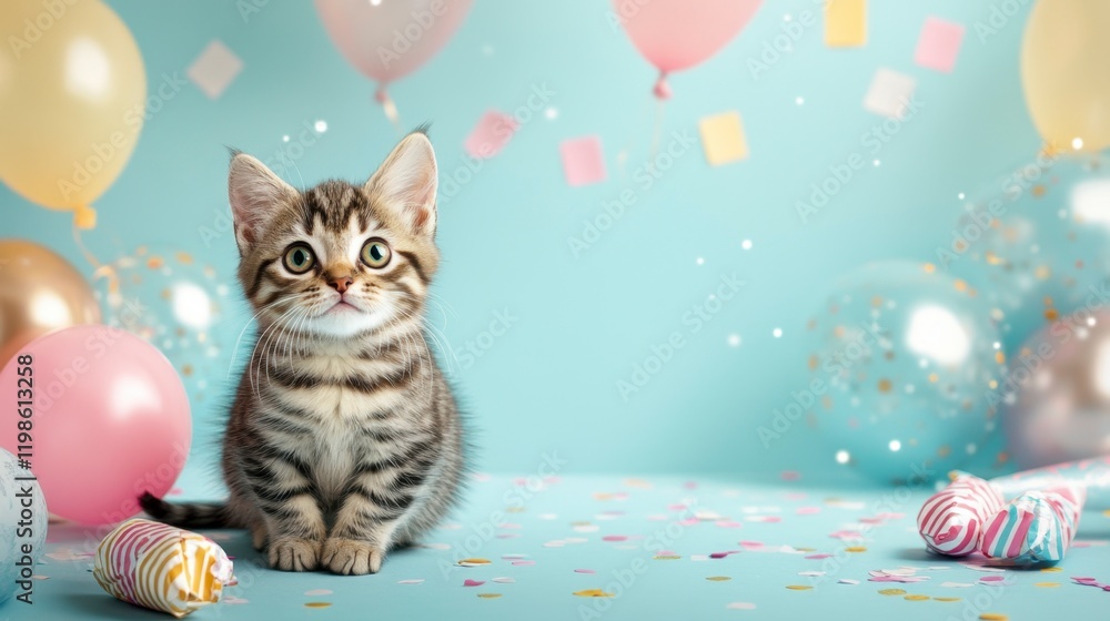 Cute Kitten Celebrates Birthday with Balloons and Confetti Cute Kitten Celebrates Birthday with Balloons and Confetti