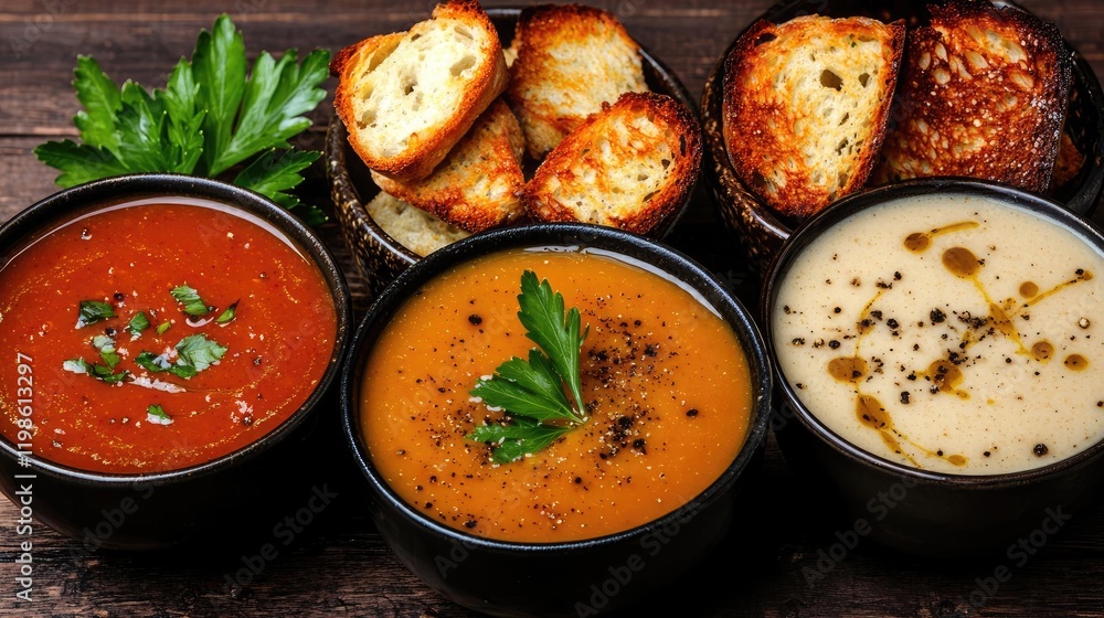 Three bowls of delicious soup with croutons. Food photography for recipe blogs or restaurant menus Three bowls of delicious soup with croutons. Food photography for recipe blogs or restaurant menus