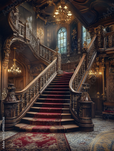 Elegant Victorian Staircase Showcasing Intricate Woodwork and Ornate Chandeliers in a Grand Entryway photo