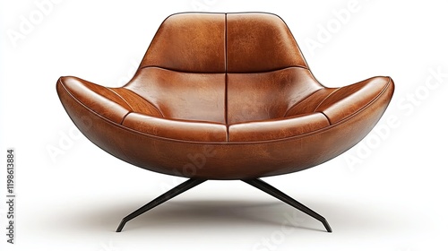 A stylish, modern brown leather chair with a unique curved design and metal base.