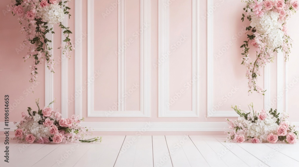 Fototapeta premium Pink Floral Wedding Backdrop with Copy Space