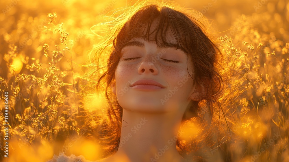 Fototapeta premium Woman serenity, sunset field, golden hour, peace, nature