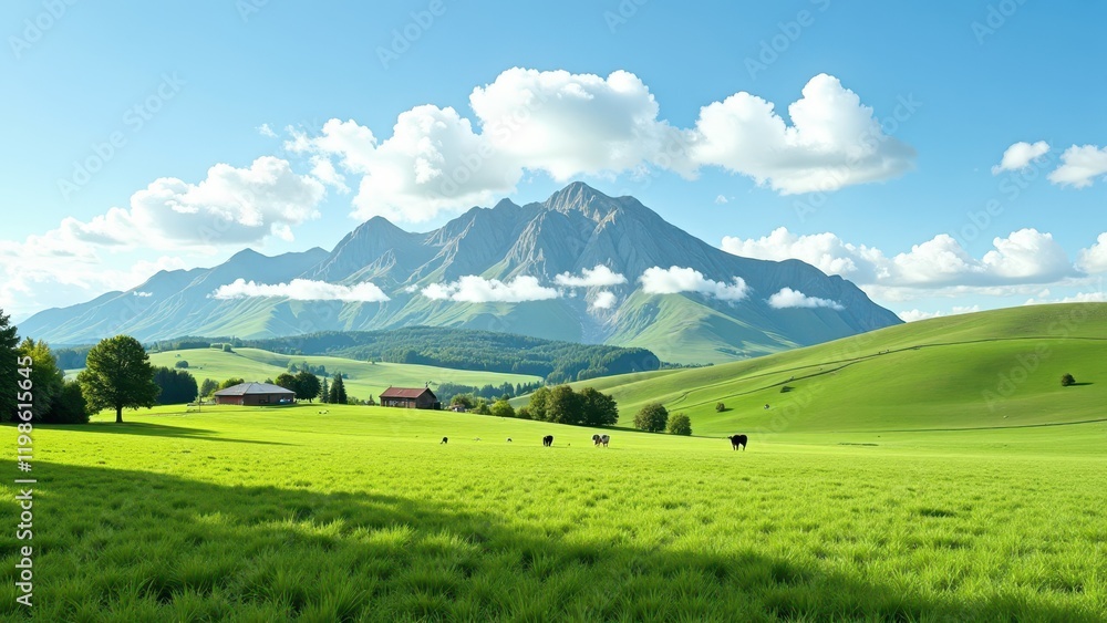 Majestic mountains rise into a serene azure sky dotted with clouds. An expansive outdoor vista captures nature's grandeur, inviting exploration from afar Majestic mountains rise into a serene azure sky dotted with clouds. An expansive outdoor vista captures nature's grandeur, inviting exploration from afar