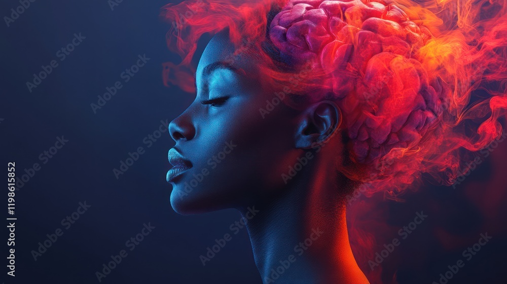 Fototapeta premium Woman, brain, fire, smoke, profile, art, concept, dark, background, digital