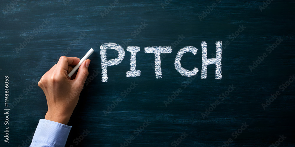 Hand writing the word 'Pitch' in chalk on a dark green chalkboard. A concept image for business, marketing, or presentations. Hand writing the word 'Pitch' in chalk on a dark green chalkboard. A concept image for business, marketing, or presentations.