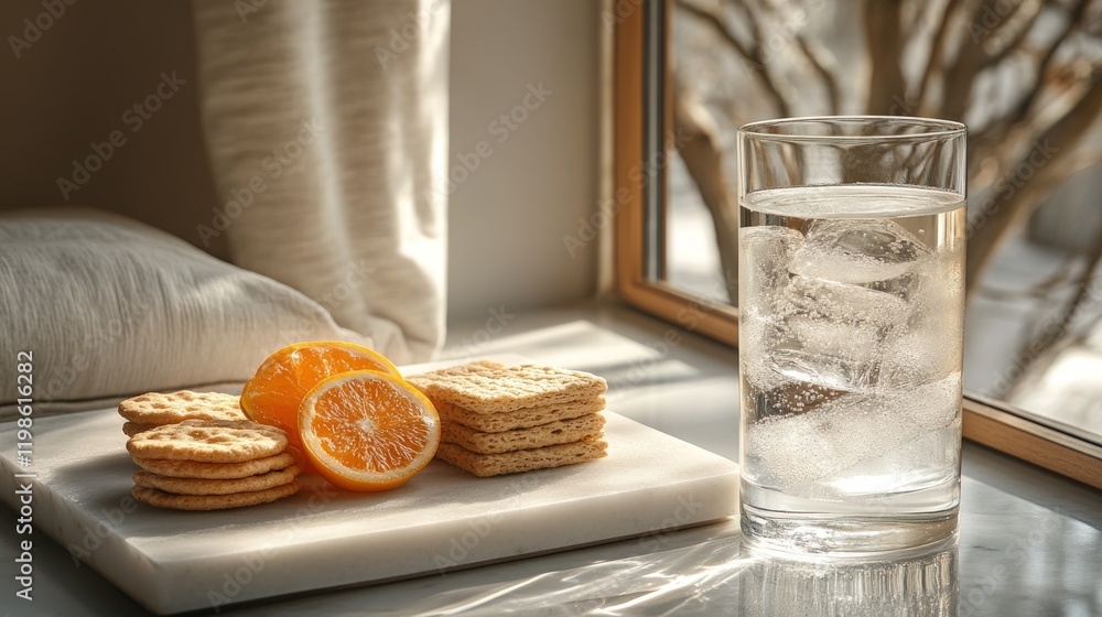 Crackers, oranges, iced water, sunlit window. Crackers, oranges, iced water, sunlit window.
