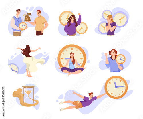 People and Time Management with Clock Dial Vector Set