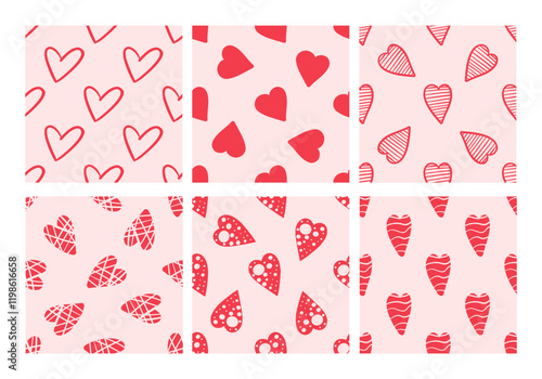 Set of seamless patterns with red hearts on pink background