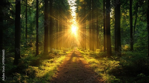 Wallpaper Mural Sunbeams illuminate forest path; tranquil nature scene; peaceful background; ideal for wellness, travel, and nature websites Torontodigital.ca