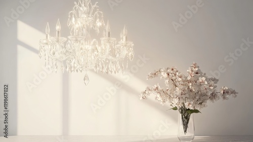 Elegant Crystal Chandelier with Vase of White Blossoms in Soft Sunlight