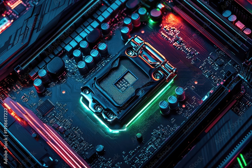 A top-down view of a motherboard with an AI-enhanced CPU at its core, surrounded by advanced chipsets and illuminated by pulsing blue and green lights A top-down view of a motherboard with an AI-enhanced CPU at its core, surrounded by advanced chipsets and illuminated by pulsing blue and green lights