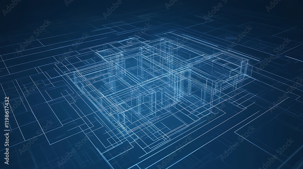 Wireframe model of a house, digitally rendered on a blue background, showing interior rooms and structure. Wireframe model of a house, digitally rendered on a blue background, showing interior rooms and structure.