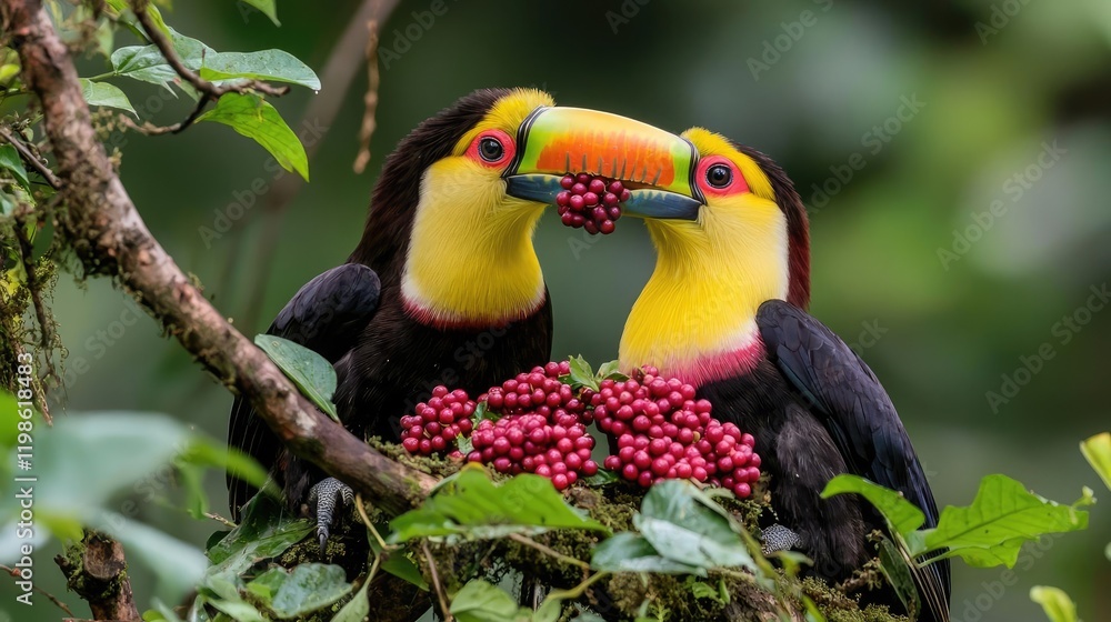 Fototapeta premium Two colorful toucans share a red berry while perched on a mossy branch in the lush green rainforest during the day.