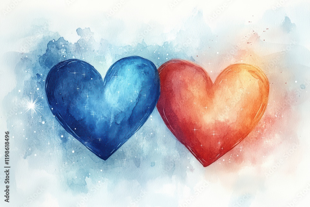 Fototapeta premium Blue and Red Heart Illustration with Watercolor Background