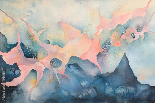 The image is an abstract watercolor painting featuring a blend of soft, pastel colors such as pinks, blues, and gold