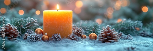 A Festive Winter Candlelit Scene with Pine Cones and Ornaments photo