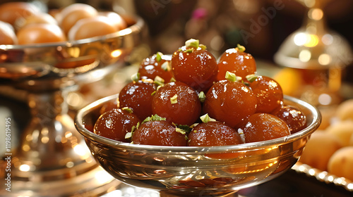 Delhi customary sweets such as gulab jamun and gulaab jamun crystal bowl are served during the occasion photo