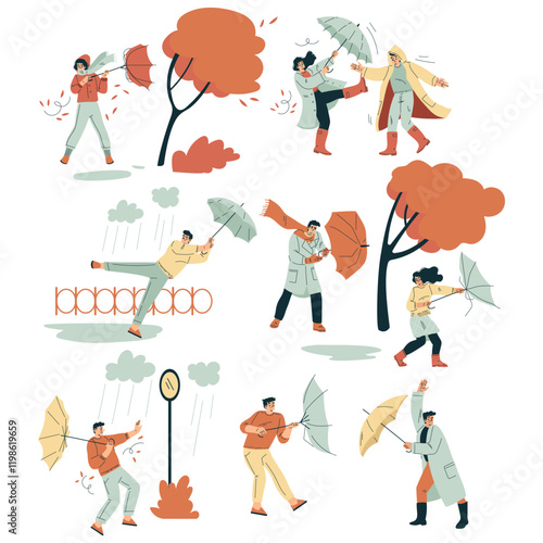 Storm with People Character Struggle with Umbrella in Hurricane Vector Set