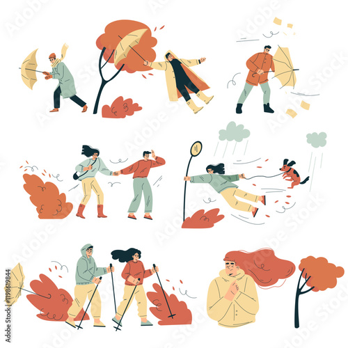 Storm with People Character Struggle with Umbrella in Hurricane Vector Set